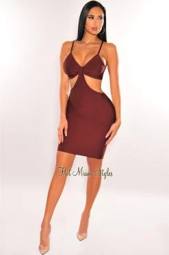 Vendor-unknown Chocolate Bandage Spaghetti Straps Knotted Cut Out Mini Dress