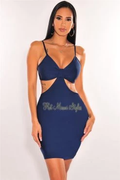 Vendor-unknown Deep Blue Bandage Spaghetti Straps Knotted Cut Out Mini Dress Just In