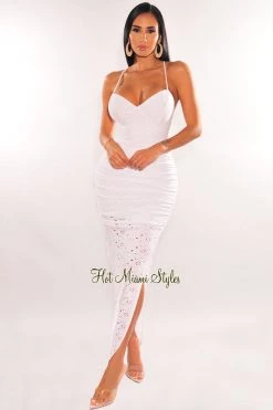 Nightie White Eyelet Spaghetti Strap CrissCross Cut Out Back Ruched Slit Maxi Dress Just In