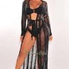 No 1 Swim Black Long Sleeve Ladder Cut Belted Cover Up