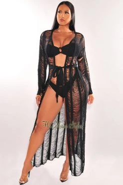 No 1 Swim Black Long Sleeve Ladder Cut Belted Cover Up