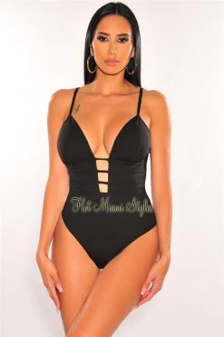 Vendor-unknown Just In Black Plunge V Neck Spaghetti Straps Cut Out Back Bodysuit