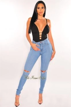 Vendor-unknown Just In Black Plunge V Neck Spaghetti Straps Cut Out Back Bodysuit