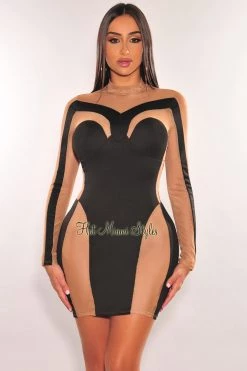 Queen Mania Just In Black Nude Sheer Mesh Long Sleeve Mini Dress