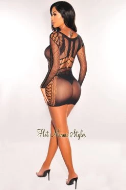 Yelete Group Black Cut Out Long Sleeve Chemise Mini Dress Lingerie