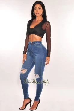 A3 DESIGN Black Mesh Collared Knotted Long Sleeve Crop Top Just In