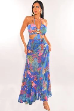 Rosevelet Royal Blue Tropical Print Padded Cut Out Mermaid Maxi Dress Just In