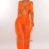 LOVESENSE Tangerine Knit Halter Triangle Top Fringe Ladder Cut Pants Two Piece Set