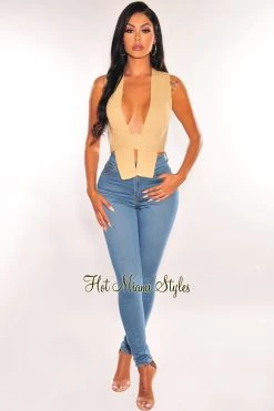 36 Points Taupe Knit Wrap Around Tie Up Top