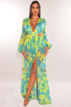 LUXXEL Lime Blue Print O-Ring Cut Out Long Sleeve Double Slit Maxi Dress Just In