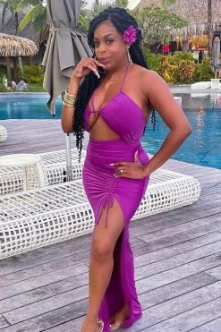 HER SHE Magenta Halter Cut Out Ruched Slit Maxi Dress