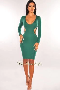 MEEK Emerald V Neck Long Sleeve Strappy Open Back Dress