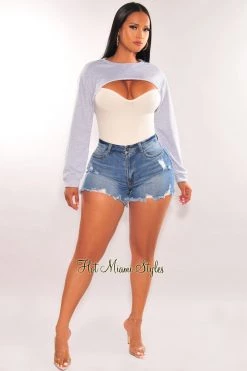 HYFVE Outerwear Light Gray Long Sleeve Cropped Cut Out Sweater