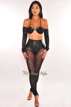 Hot & Delicious Black Faux Leather Underwire Ruched Mesh Pants Two Piece Set Just In