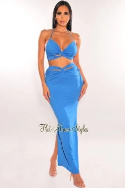 SPRING HAZE Just In Blue Cut Out Knotted Midi Skirt Two Piece Set