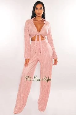 MEEK Just In Blush Collared Long Sleeve Pleated Palazzo Pants Two Piece Set