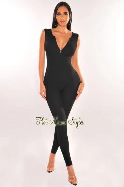 Pretty Knit Black Ribbed Knit Sleeveless Zipper Jumpsuit