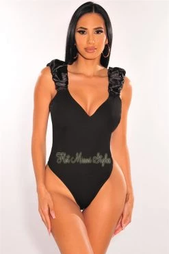 Vendor-unknown Just In Black Sweetheart Satin Ruched Straps Sleeveless Bodysuit