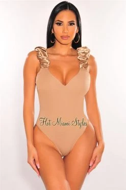 Vendor-unknown Mocha Sweetheart Satin Ruched Straps Sleeveless Bodysuit Just In