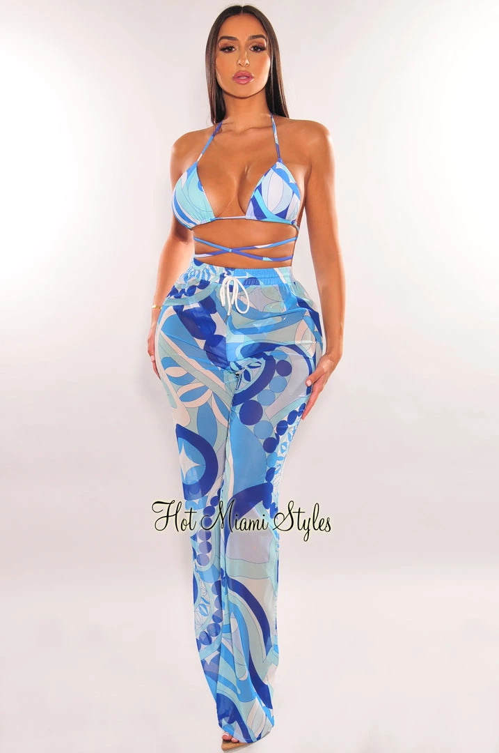 Hollywood & I White Multi Print High Waist Drawstring Palazzo Cover Up Pants