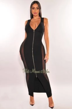 Canvas Black V Neck Zipper Sleeveless Mesh Sides Maxi Dress Just In
