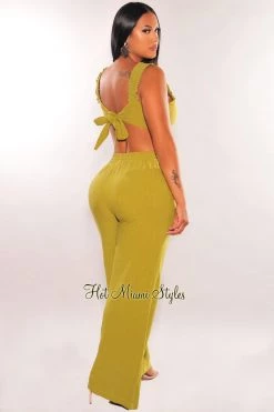 EDIT BY NINE Green Linen Knotted Palazzo Pant Two Piece Set Sets