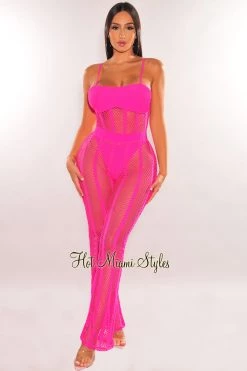 KTOO Fuchsia Spaghetti Straps Fishnet Bodysuit Palazzo Pants Two Piece Set Just In