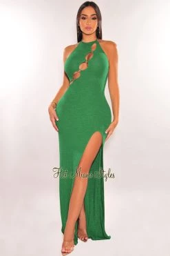 SK CLOTHING Emerald Halter Keyhole O-Ring Slit Maxi Dress