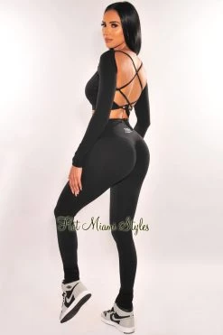 Sole Mio (set) Just In HMS Fit: Black Padded Long Sleeve Lace Up Back Scrunch Butt Leggings Two Piece Set
