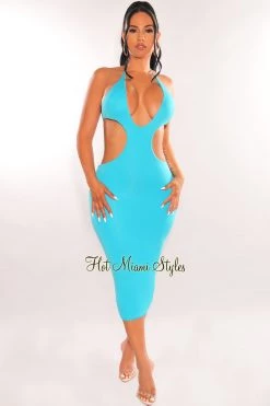 Vendor-unknown Just In Aqua Halter V Neck Cut Out Open Back Ruched Midi Dress