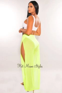 Daisy Just In Neon Lime Mesh Sheer High Waist Double Slit Cover Up Pants