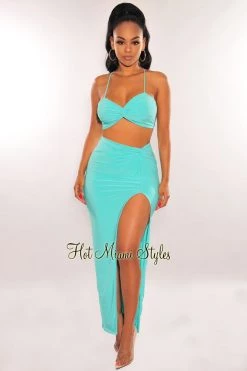 SPRING HAZE Just In Mint Knotted Slit Skirt Two Piece Set