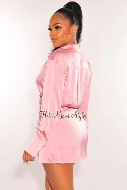 EDIT BY NINE Just In Blush Silky Collared Long Sleeve Knotted Slit Shirt Dress