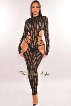 KTOO Just In Black Mock Neck Cut Out Strappy Long Sleeve Jumpsuit