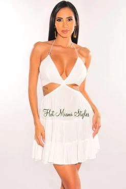Renamed White Halter Lace Up Back Cut Out Babydoll Dress
