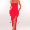 MEEK Red Ribbed Shimmery Halter Drawstring Slit Maxi Dress