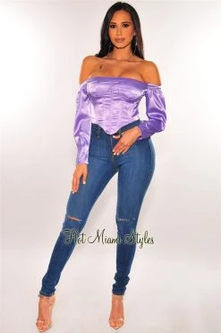 Orange Shine Just In Lavender Satin Off Shoulder Bustier Crop Top