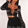 Orange Shine Just In Black Satin Corset Lace Up Padded Peasant Crop Top