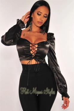 Orange Shine Just In Black Satin Corset Lace Up Padded Peasant Crop Top