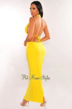 WIN WIN APPARIL Yellow Halter Drawstring Keyhole Cut Out Dress
