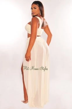 REhab Cream One Shoulder Cut Out Strappy Slit Maxi Dress