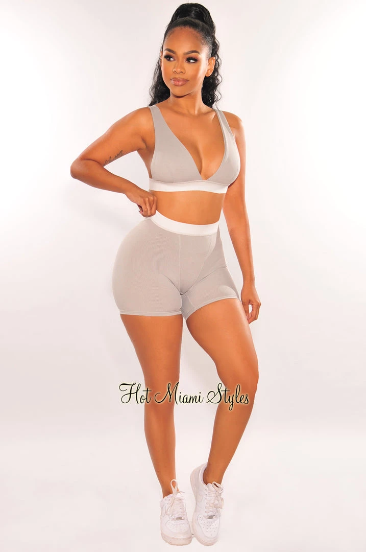 RIVIR OCULUS HMS Lounge: Light Gray White Ribbed Bralette Biker Shorts Two Piece Set Just In