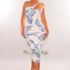 MEEK White Blue Green Floral Print One Shoulder Ruched Dress Just In