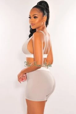 RIVIR OCULUS HMS Lounge: Light Gray White Ribbed Bralette Biker Shorts Two Piece Set Just In