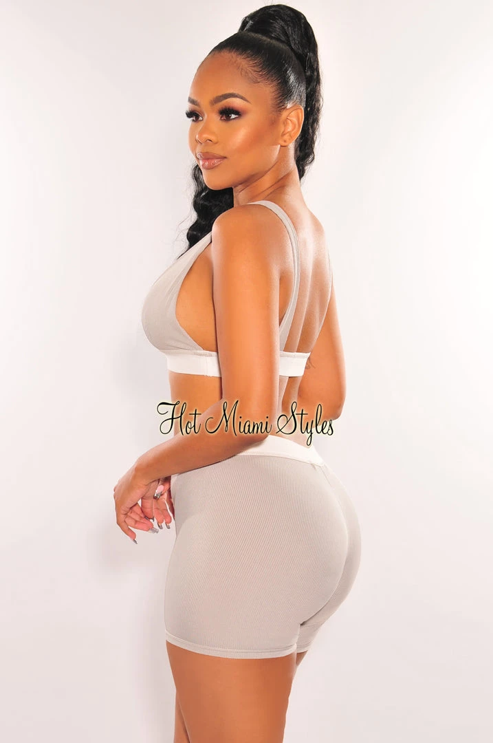 RIVIR OCULUS HMS Lounge: Light Gray White Ribbed Bralette Biker Shorts Two Piece Set Just In