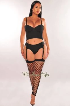 QUEEN MANIA... Jumpsuits Black Spaghetti Straps Padded Cut Out Garter Fishnet Jumpsuit