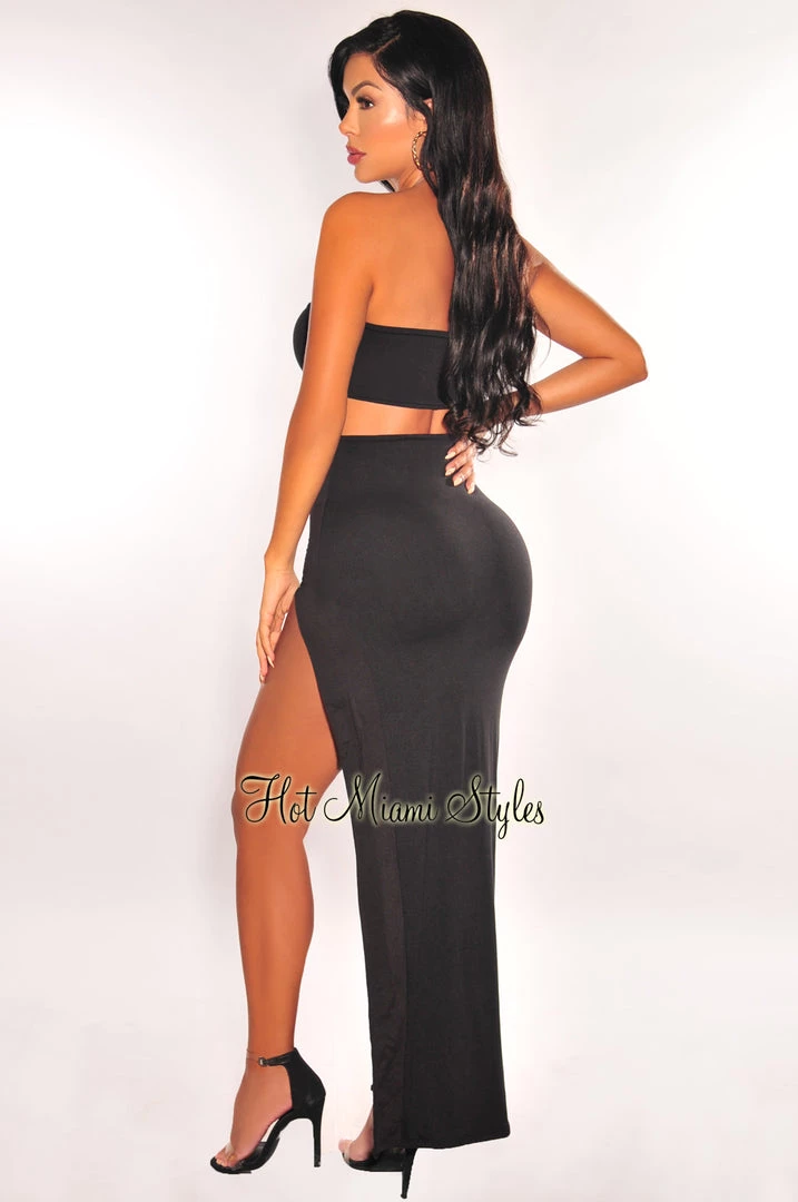 Dexire Just In Black Gold Ring Bandeau Slit Skirt Two Piece Set