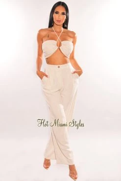 EDIT BY NINE... Taupe Halter Linen Drawstring Keyhole Crop Top