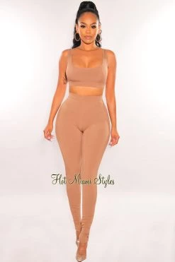 RIVIR OCULUS HMS ESSENTIAL: Mocha Ribbed Tank High Waist Slit Pants Two Piece Set Just In