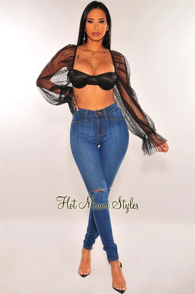 Orange Shine Black Polka Dot Mesh Underwire Long Sleeves Bustier Crop Top